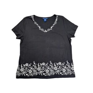 Karen Scott Floral Embroidered Top Womens XL Black Cotton V-Neck Short Sleeve